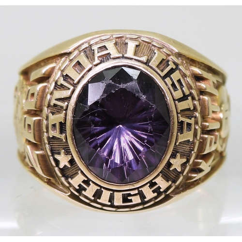 732 - A Jostens brand 10K American college ring, for Andalusia High 1992, set with a purple glass gem, siz... 