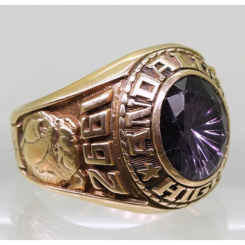 732 - A Jostens brand 10K American college ring, for Andalusia High 1992, set with a purple glass gem, siz... 