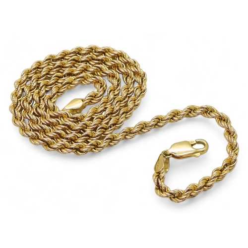 733 - A 14k gold rope chain necklace, length 40.5cm, weight 9.2gms