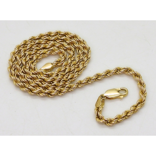 733 - A 14k gold rope chain necklace, length 40.5cm, weight 9.2gms