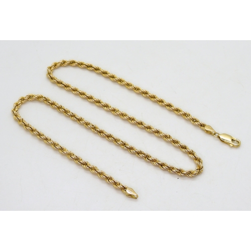 733 - A 14k gold rope chain necklace, length 40.5cm, weight 9.2gms