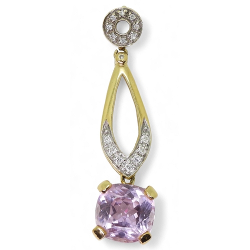 736 - An 18ct gold kunzite and diamond pendant, set with a cushion cut kunzite 11mm x 11mm, and diamonds w... 