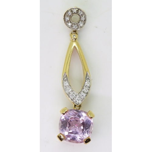 736 - An 18ct gold kunzite and diamond pendant, set with a cushion cut kunzite 11mm x 11mm, and diamonds w... 