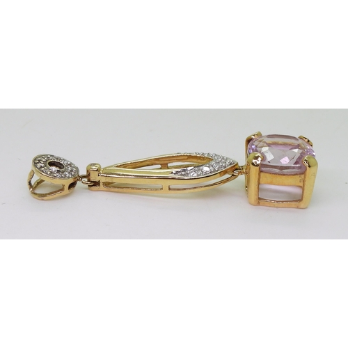 736 - An 18ct gold kunzite and diamond pendant, set with a cushion cut kunzite 11mm x 11mm, and diamonds w... 