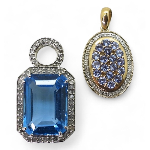 739 - A 9ct gold emerald cut blue topaz and diamond pendant, set with a blue topaz of approx 18mm x 13mm x... 