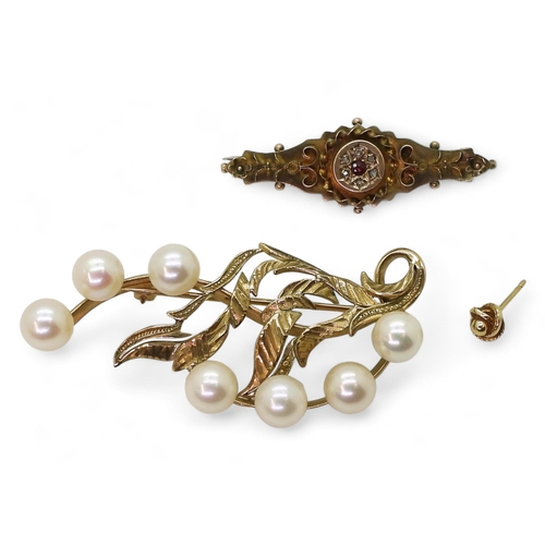 740 - A 9ct gold pearl brooch, length 5.8cm, a further 9ct gold rose cut diamond and red gem brooch, lengt... 