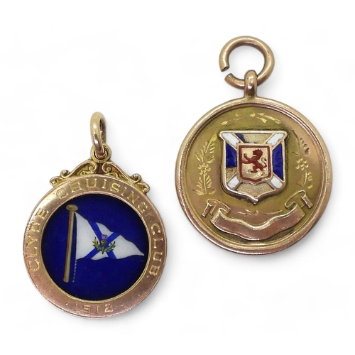 746 - Two 9ct gold medallions, an enamelled flag example for Clyde Cruising club 1912, together with Scott... 