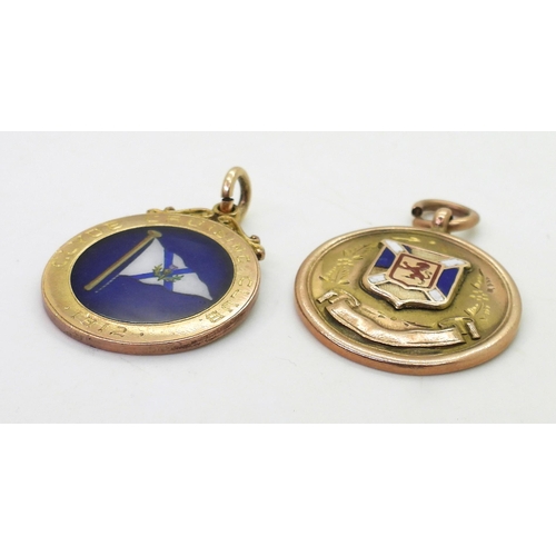 746 - Two 9ct gold medallions, an enamelled flag example for Clyde Cruising club 1912, together with Scott... 