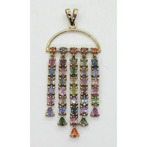 749 - A 9ct gold statement pendant set with multi colour sapphires, length with bail 7cm, weight 10.7gms&n... 