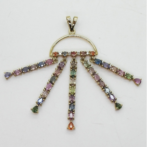 749 - A 9ct gold statement pendant set with multi colour sapphires, length with bail 7cm, weight 10.7gms&n... 