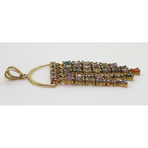 749 - A 9ct gold statement pendant set with multi colour sapphires, length with bail 7cm, weight 10.7gms&n... 