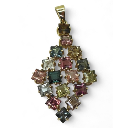 751 - A multi gem set abstract pendant (probably tourmalines) length of pendant 5.4cm, weight 8.8gms