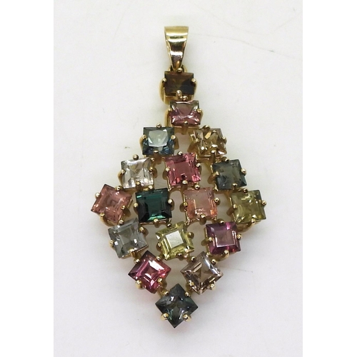 751 - A multi gem set abstract pendant (probably tourmalines) length of pendant 5.4cm, weight 8.8gms