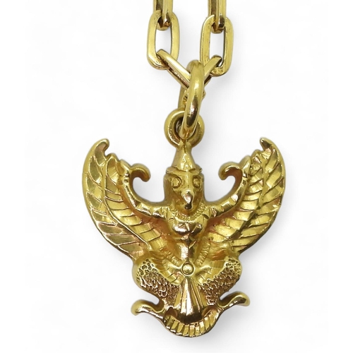 753 - A bright yellow metal Garuda deity pendant, stamped 90% to the reverse , on a bright yellow metal ch... 