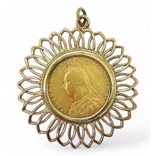 754 - An 1892 gold full sovereign, in a 9ct gold sunflower shaped pendant mount, weight together 13gms