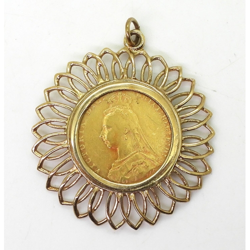 754 - An 1892 gold full sovereign, in a 9ct gold sunflower shaped pendant mount, weight together 13gms