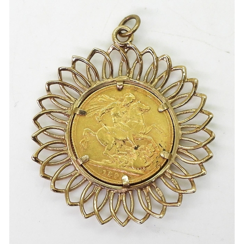 754 - An 1892 gold full sovereign, in a 9ct gold sunflower shaped pendant mount, weight together 13gms