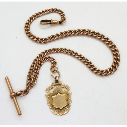 755 - A 9ct rose gold tapered fob chain, with a 9ct gold medallion, length of chain 30cm from clasp to 'T'... 