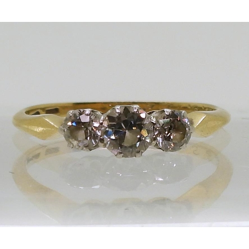 756 - An 18ct gold three stone diamond ring, set with estimated approx 0.40cts, of brilliant cut diamonds,... 