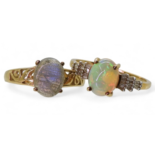 762 - A 9ct gold opal and diamond ring, finger size Q1/2, together with a 9ct gold labradorite ring, size ... 