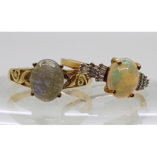 762 - A 9ct gold opal and diamond ring, finger size Q1/2, together with a 9ct gold labradorite ring, size ... 