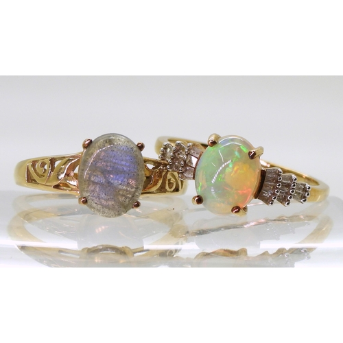 762 - A 9ct gold opal and diamond ring, finger size Q1/2, together with a 9ct gold labradorite ring, size ... 