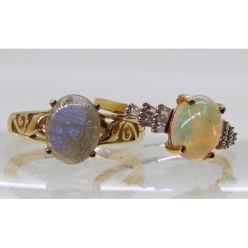 762 - A 9ct gold opal and diamond ring, finger size Q1/2, together with a 9ct gold labradorite ring, size ... 