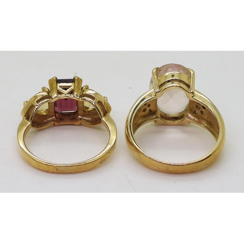 774 - A 9ct gold garnet and citrine three stone ring, size N1/2, together with a rose quartz and purple ge... 