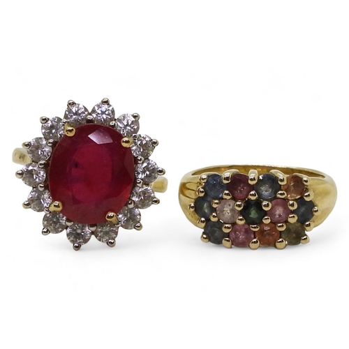 775 - A 9ct gold multi colour sapphire set ring, size N1/2, and a 9ct ruby and white zircon ring, size O1/... 