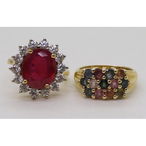 775 - A 9ct gold multi colour sapphire set ring, size N1/2, and a 9ct ruby and white zircon ring, size O1/... 