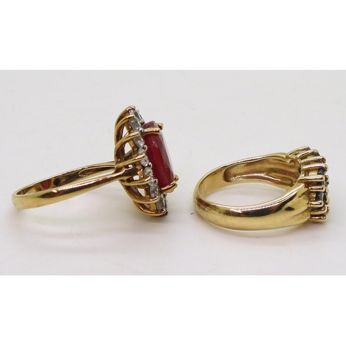 775 - A 9ct gold multi colour sapphire set ring, size N1/2, and a 9ct ruby and white zircon ring, size O1/... 