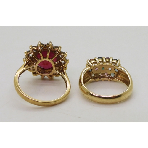 775 - A 9ct gold multi colour sapphire set ring, size N1/2, and a 9ct ruby and white zircon ring, size O1/... 