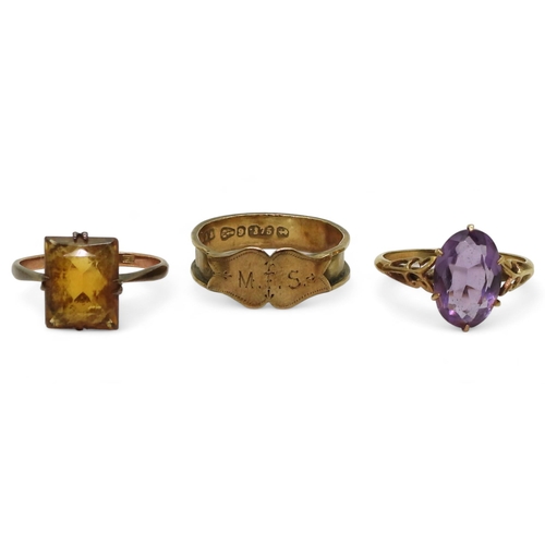 776 - A 9ct amethyst ring, size M1/2, citrine ring, size L, and a 9ct mourning ring Q, weight combined 5.1... 