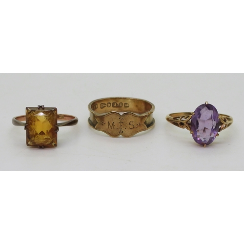 776 - A 9ct amethyst ring, size M1/2, citrine ring, size L, and a 9ct mourning ring Q, weight combined 5.1... 