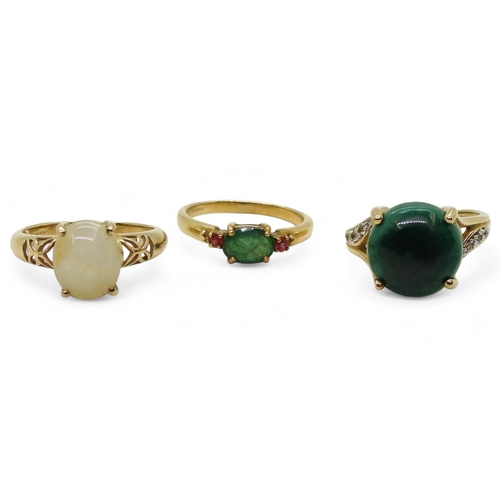 777 - A 9ct gold malachite ring, size N1/2, a GemsTV emerald and red gem ring, size N1/2, and a 9ct gold h... 