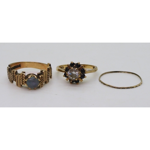 778 - A 9ct gold opal triplet ring, size N1/2, a 9ct gold sapphire and cz cluster ring and a very thin yel... 