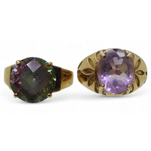 779 - A 9ct gold mystic topaz ring, size O, and a 9ct amethyst ring, size O, weight together 10.5gms