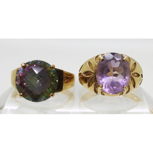 779 - A 9ct gold mystic topaz ring, size O, and a 9ct amethyst ring, size O, weight together 10.5gms