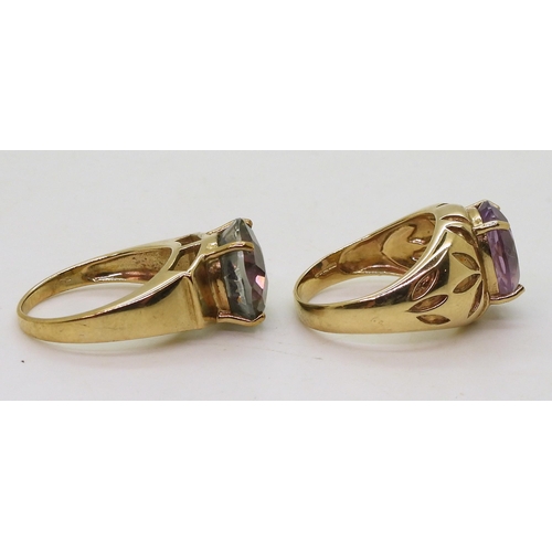 779 - A 9ct gold mystic topaz ring, size O, and a 9ct amethyst ring, size O, weight together 10.5gms