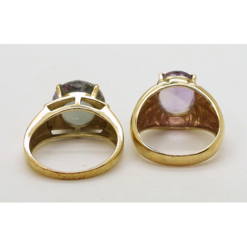 779 - A 9ct gold mystic topaz ring, size O, and a 9ct amethyst ring, size O, weight together 10.5gms