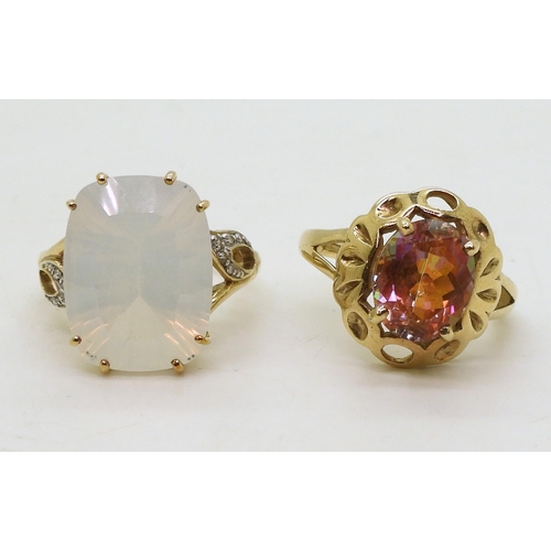 781 - A 9ct gold milky quartz and diamond accent ring, size O, together with a mystic quartz ring, size N1... 