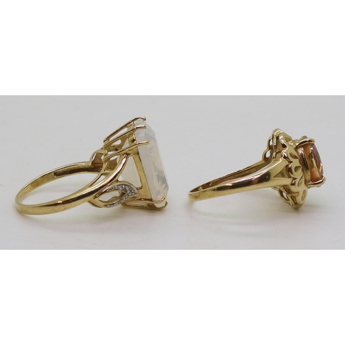 781 - A 9ct gold milky quartz and diamond accent ring, size O, together with a mystic quartz ring, size N1... 