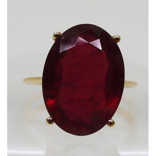 782 - A large 9ct gold glass bonded ruby ring, ruby approx 17.8mm x 13mm x 7.1mm,  size Q, weight 5.8... 