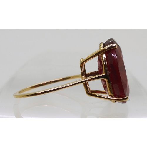 782 - A large 9ct gold glass bonded ruby ring, ruby approx 17.8mm x 13mm x 7.1mm,  size Q, weight 5.8... 