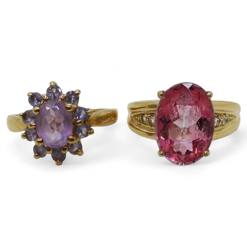 783 - A 9ct gold flamingo quartz and diamond ring, size N1/2, together with a 9ct gold amethyst and iolite... 