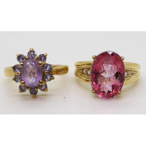 783 - A 9ct gold flamingo quartz and diamond ring, size N1/2, together with a 9ct gold amethyst and iolite... 