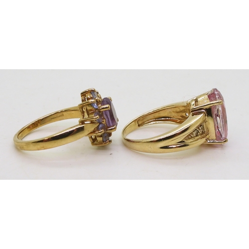 783 - A 9ct gold flamingo quartz and diamond ring, size N1/2, together with a 9ct gold amethyst and iolite... 