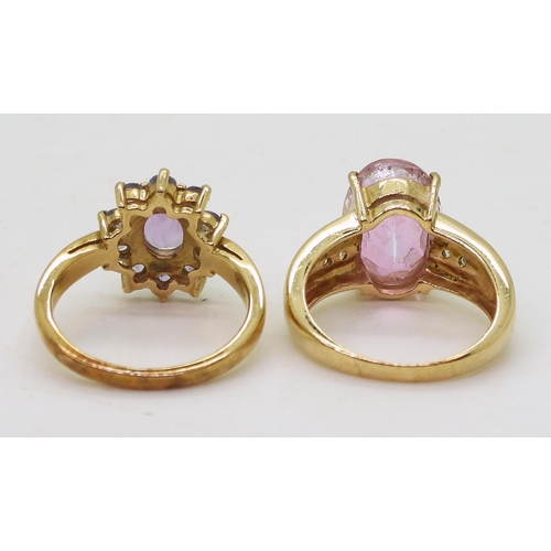 783 - A 9ct gold flamingo quartz and diamond ring, size N1/2, together with a 9ct gold amethyst and iolite... 