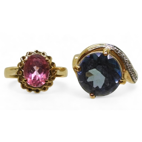 784 - A 9ct gold mermaid mystic topaz and diamond ring, size N1/2, and a 9ct gold flamingo topaz ring, siz... 