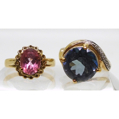 784 - A 9ct gold mermaid mystic topaz and diamond ring, size N1/2, and a 9ct gold flamingo topaz ring, siz... 